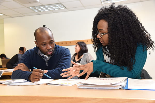 Two master of science in medical science students study during class