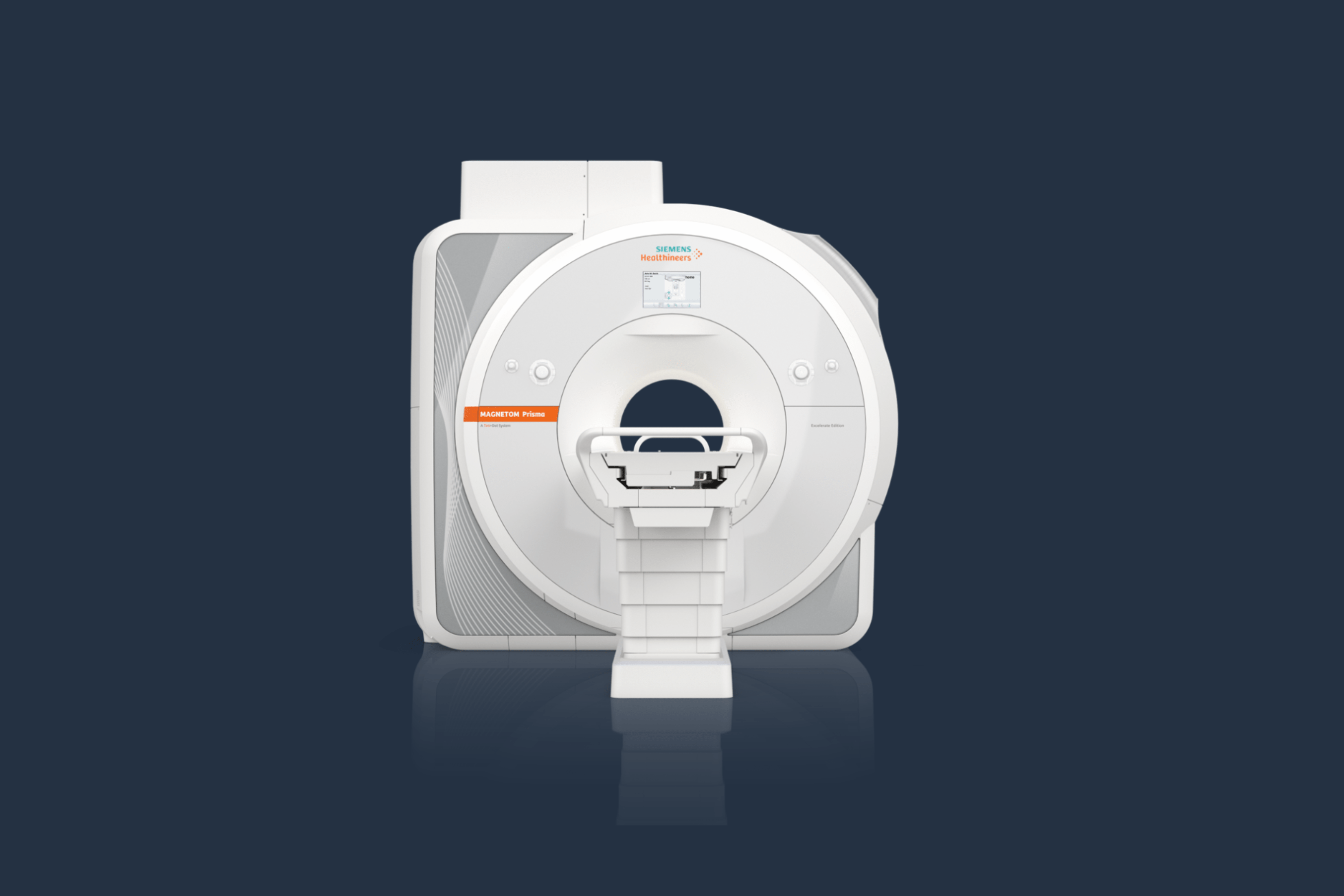 Vector image of the Siemens MAGNETOM Prisma Fit 3T MRI on a dark blue background.