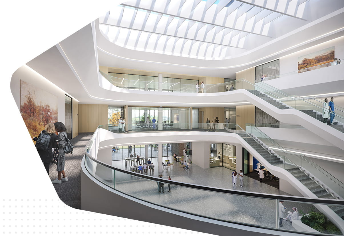 rendering of the atrium shows an open bright space