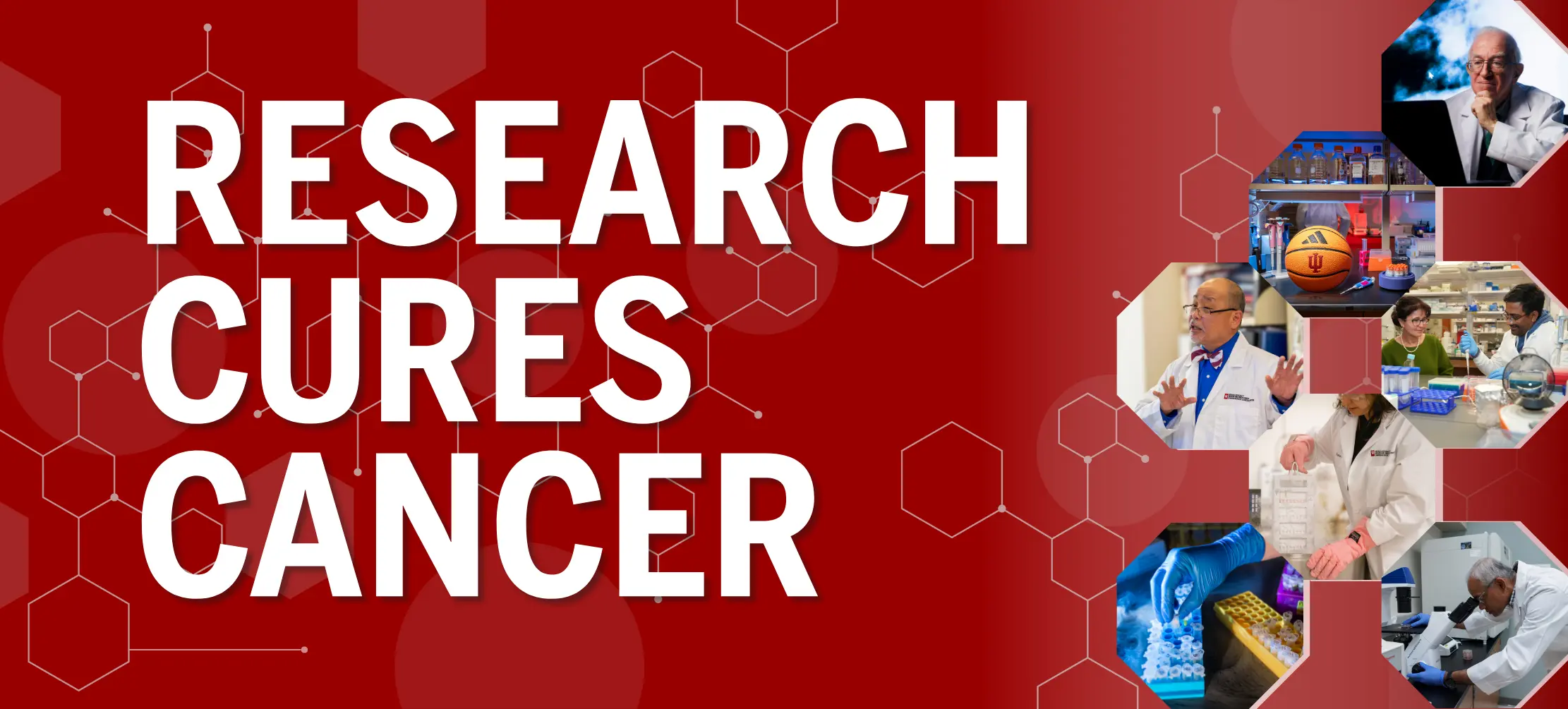 a collage of researchers at work with text overlaid reading Research Cures Cancer