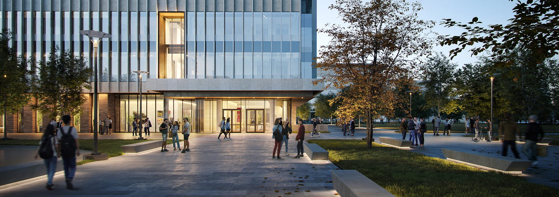 a rendering shows students socializing outside the new building on a warm night