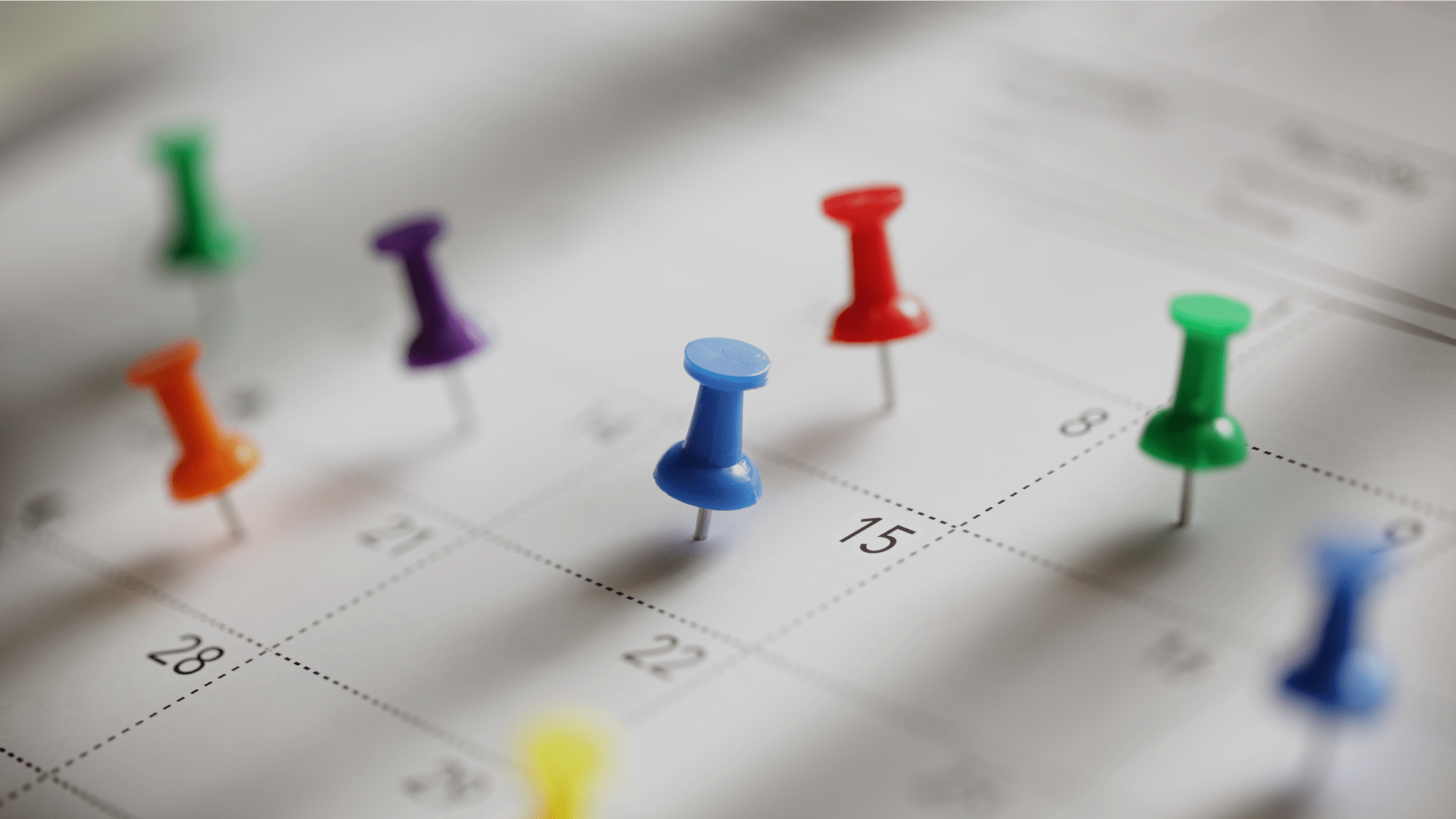Close-up of a calendar with colorful push pins marking various dates, including a blue pin on the 15th.