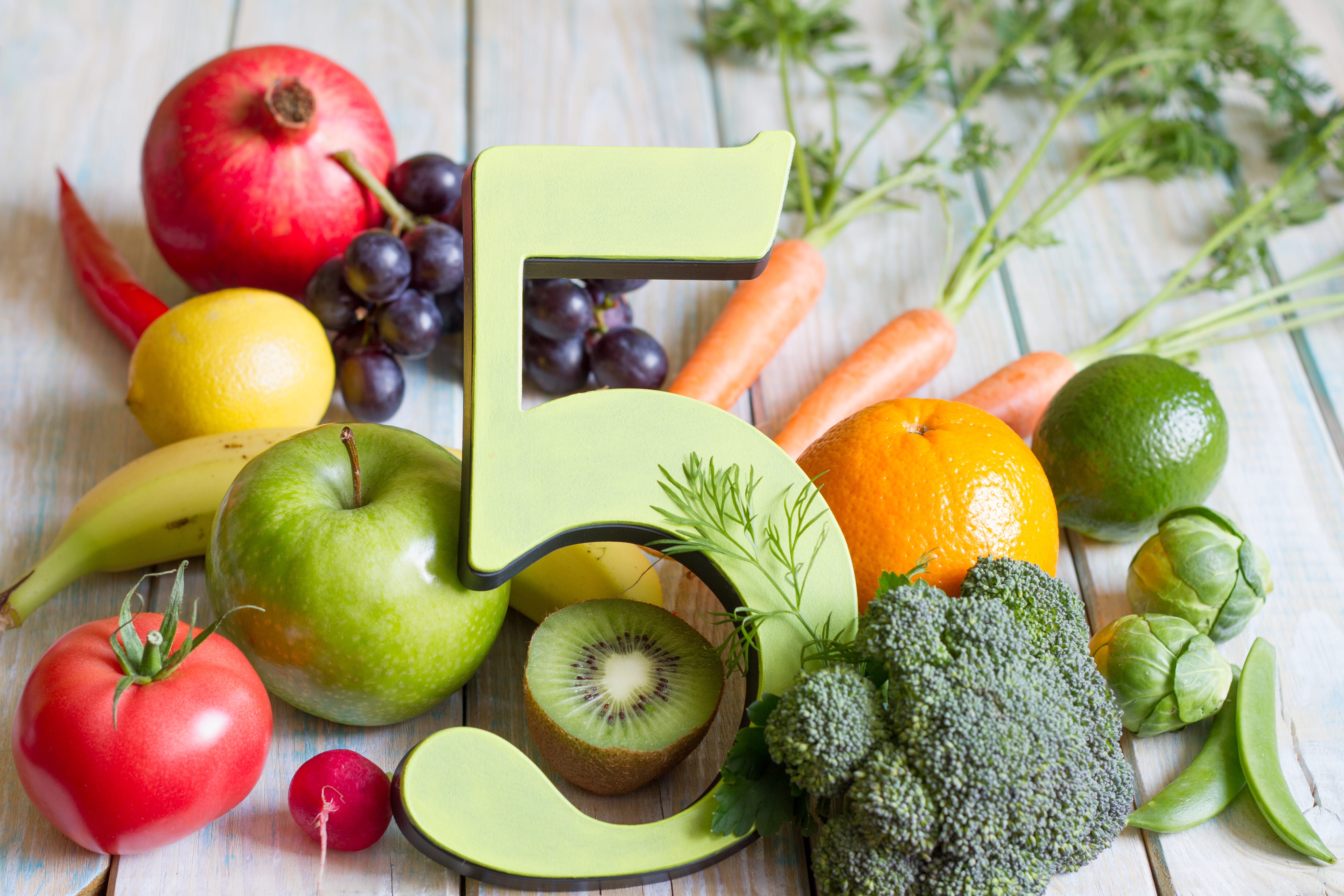 5 surrounded by fruits and veggies