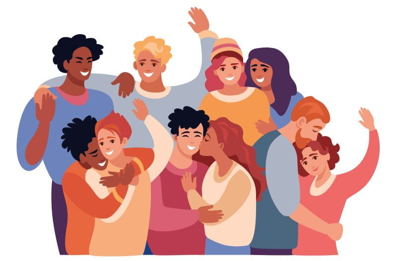 a cartoon image of a group of bright young people of different nations and sexual orientation, joyful, they hug and kiss.