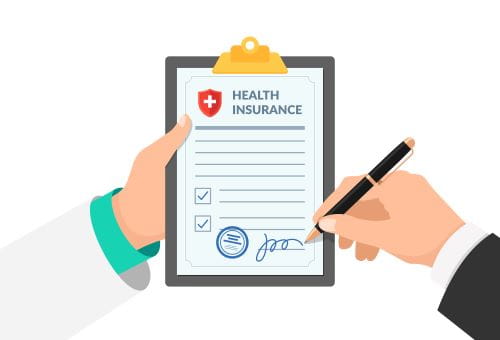 cartoon image of a hand signing a health insurance form 