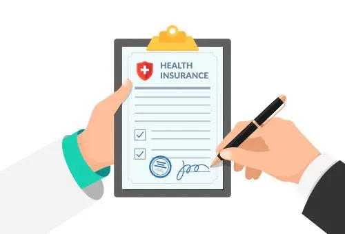 cartoon image of a hand signing a health insurance form 