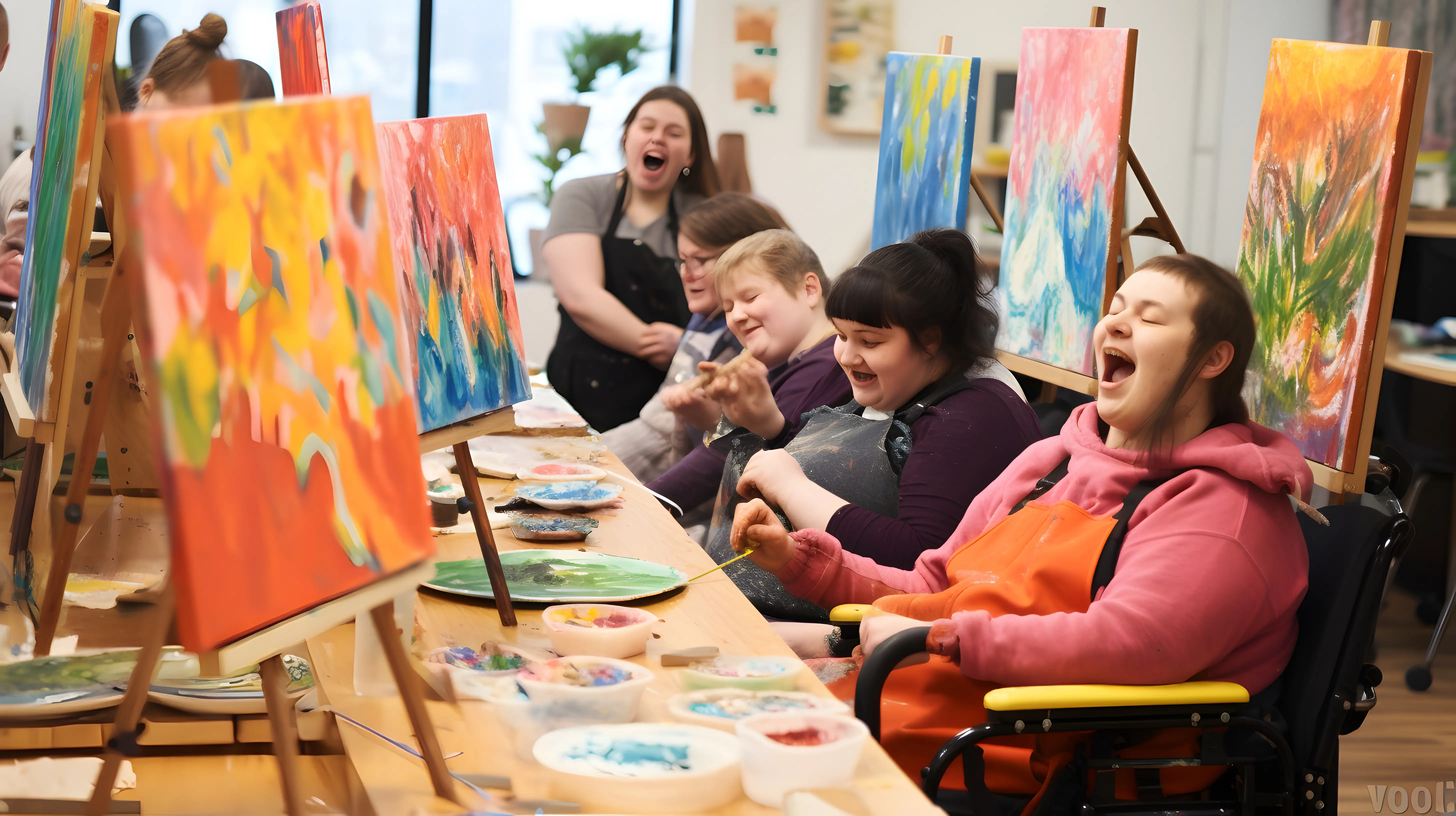 individuals with intellectual disabilities painting on canvases