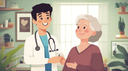 cartoon image of a male doctor talking to an elderly female patient