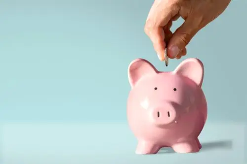person putting a coin in a pink piggy bank