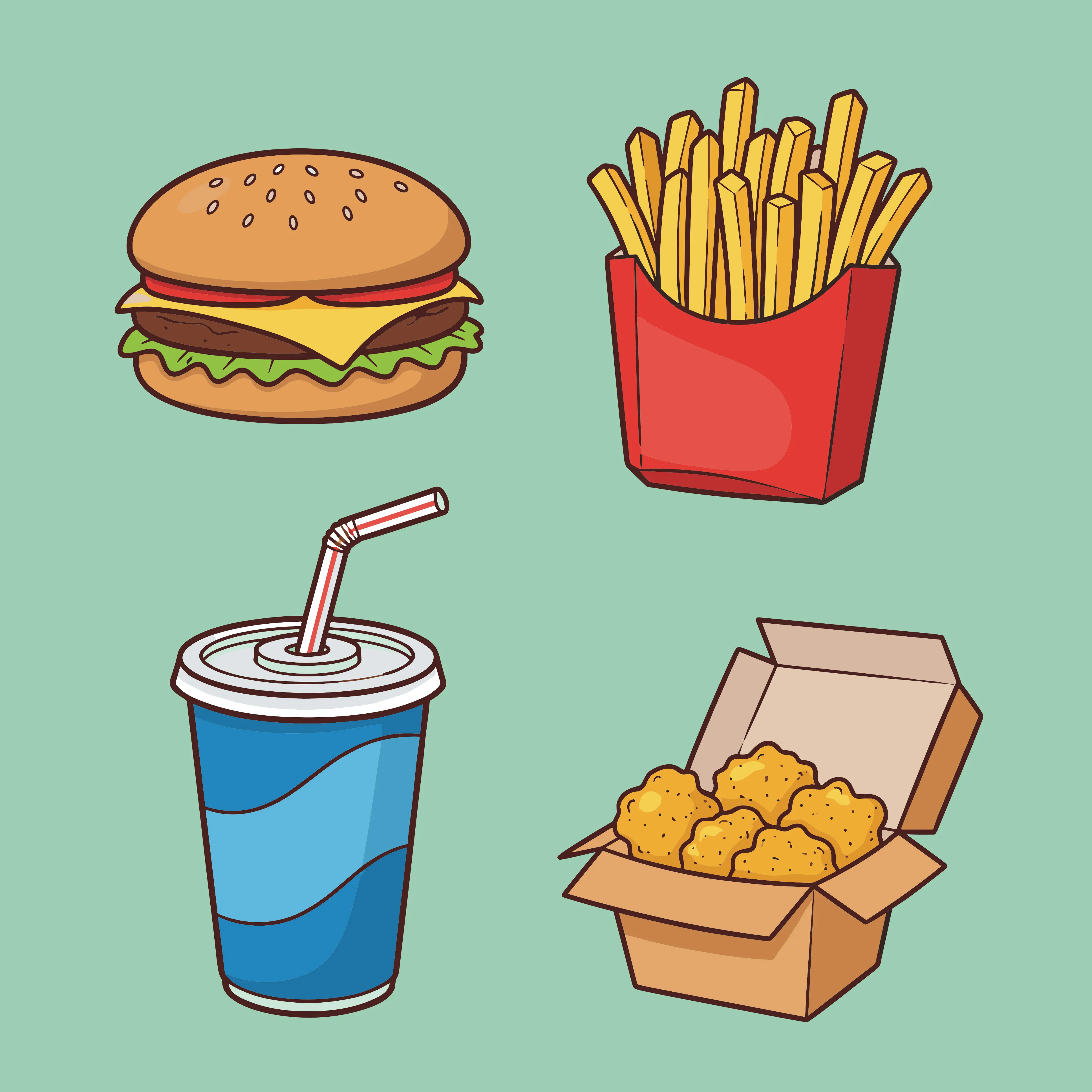cartoon image of burger fries soda and chicken nuggets