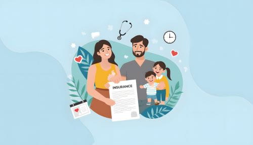 cartoon image of a woman helping a male and two small children holding a paper that says insurance on it. representing a certified navigator