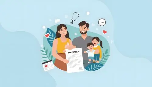 cartoon image of a woman helping a male and two small children holding a paper that says insurance on it. representing a certified navigator