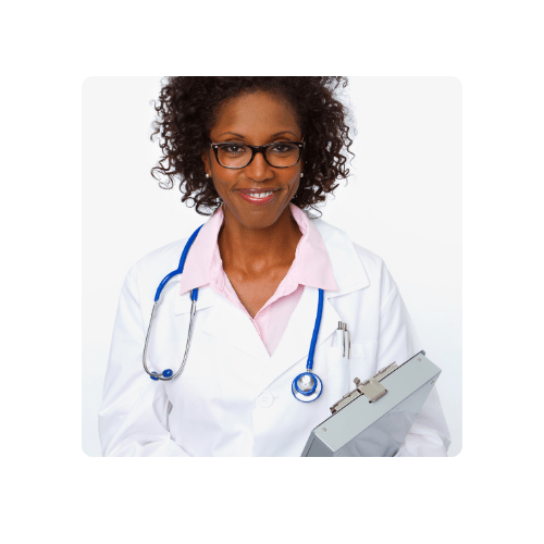 African American female doctor in white coat with stethoscope around neck