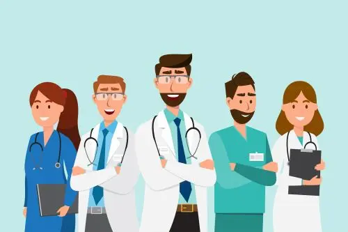cartoon image of male and female doctors