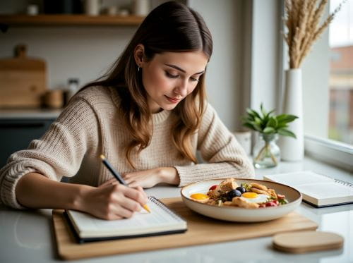 white woman writing down what she's eating for breakfast in a journal