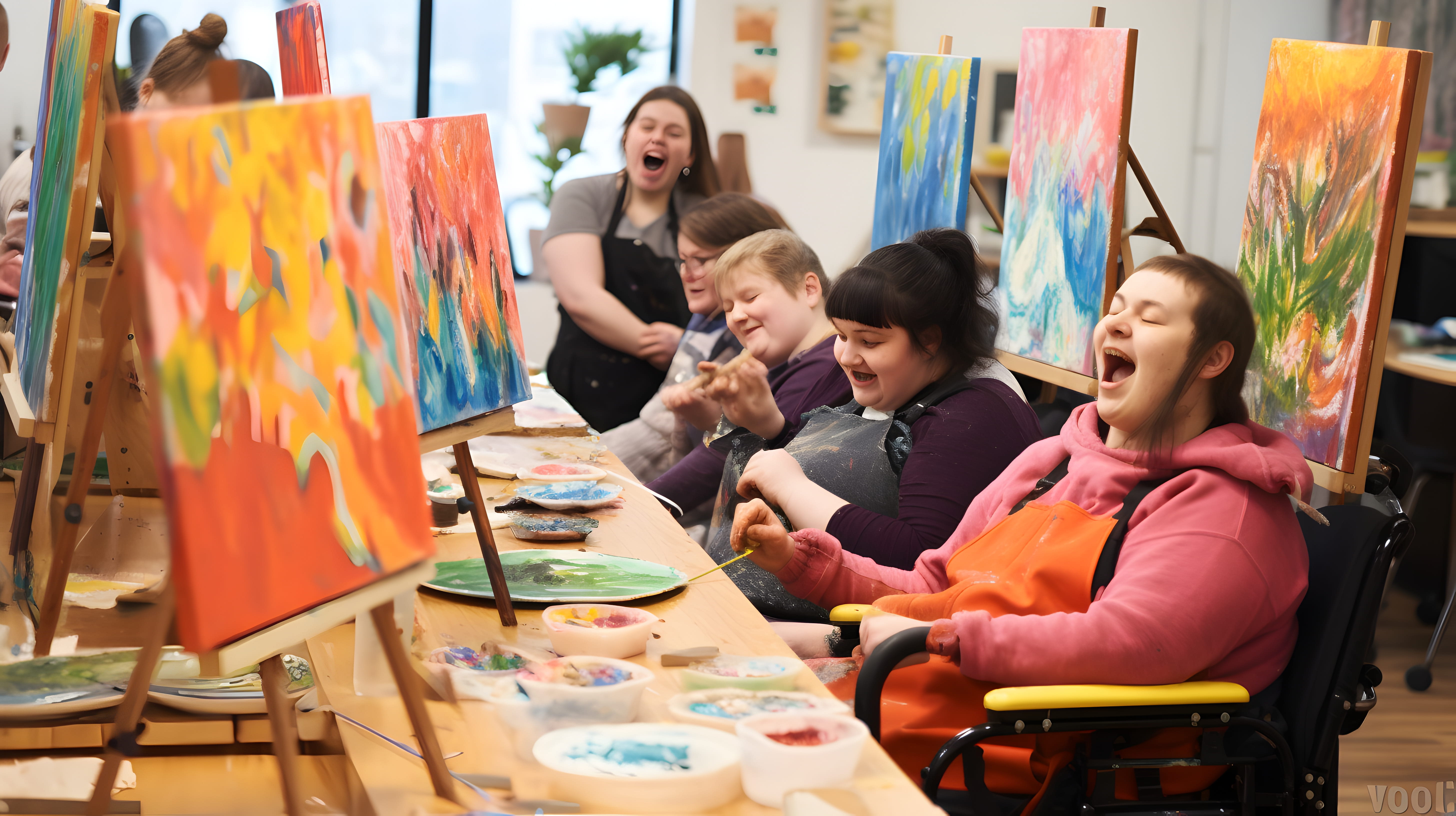 group of people with intellectual disabilities in a painting class