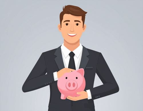 cartoon image of a male in a suit and tie holding a piggy bank representing a financial counselor