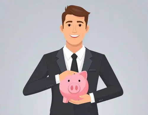 cartoon image of a male in a suit and tie holding a piggy bank representing a financial counselor