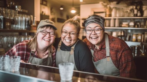 three women baristas with down syndrome smiling brightly towards the camera