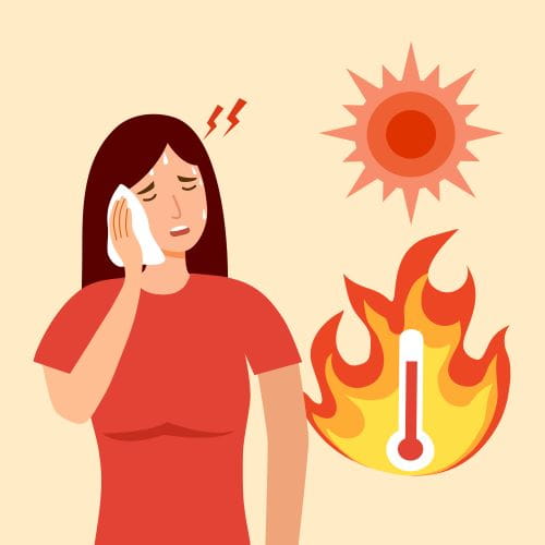 cartoon image of a woman wiping her face while in the sun with a thermometer next to her saying its very hot