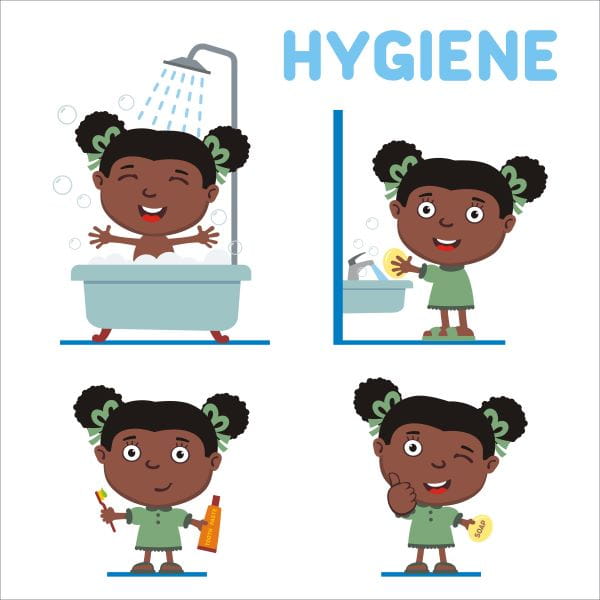illustration of young girl taking a bath, washing hands and brushing teeth