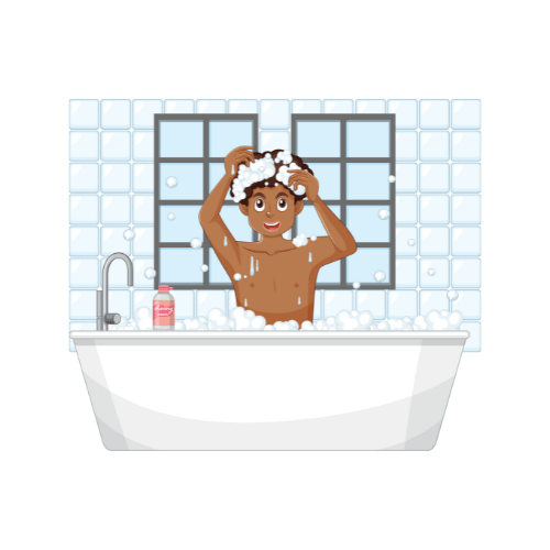 cartoon image of an African American teen taking a bubble bath