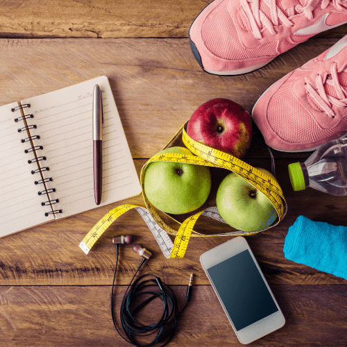 collage of items for healthy habits, gym shoes, apples, phone, notebook