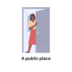 a cartoon woman opening a door and it says "a public place"