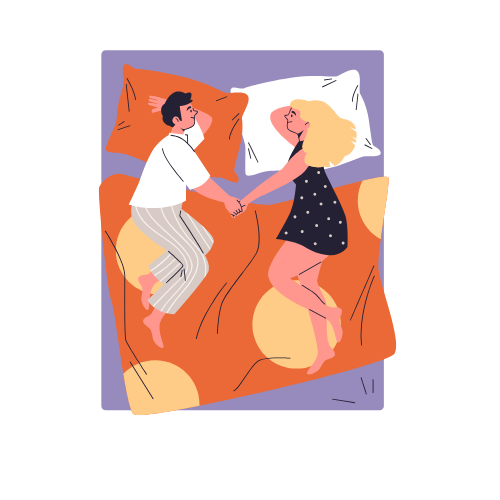 cartoon image of a man and woman laying in bed looking at one another holding hands