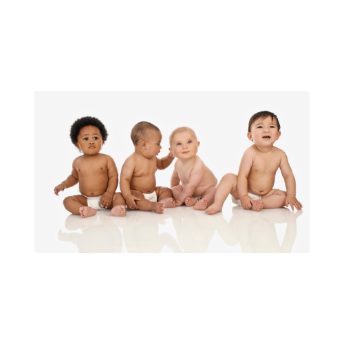 picture of different skin tone babies in diapers sitting up looking at camera