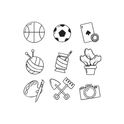 activities icons for sports, knitting, cards, gardening photography