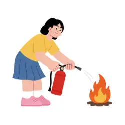 cartoon image of female using fire extinguisher on a fire