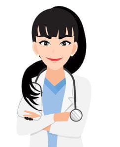 Asian cartoon woman nurse practitioner with black hair in pony tail with white coat and blue scrubs