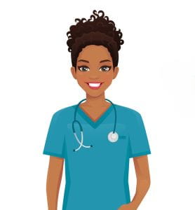 African American female cartoon physician assistant with hair pulled back in blue scrubs