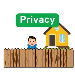 cartoon man standing behind a fence in front of his house with the word Privacy 