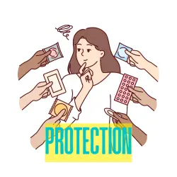 cartoon image of a woman thinking about different sexual protection options