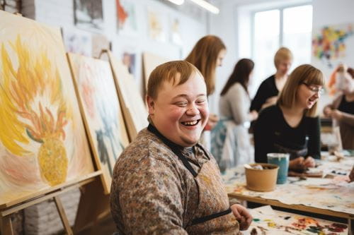 man with intellectual disability in an art class, smiling at the camera