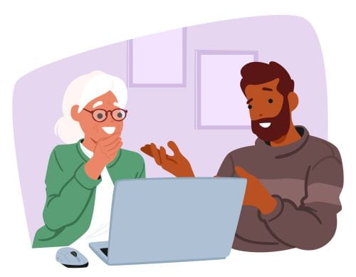 cartoon image of elderly woman sitting with a male social worker reviewing something on a laptop
