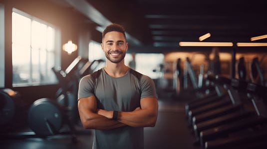 male health trainer in front of treadmills and stationary bikes