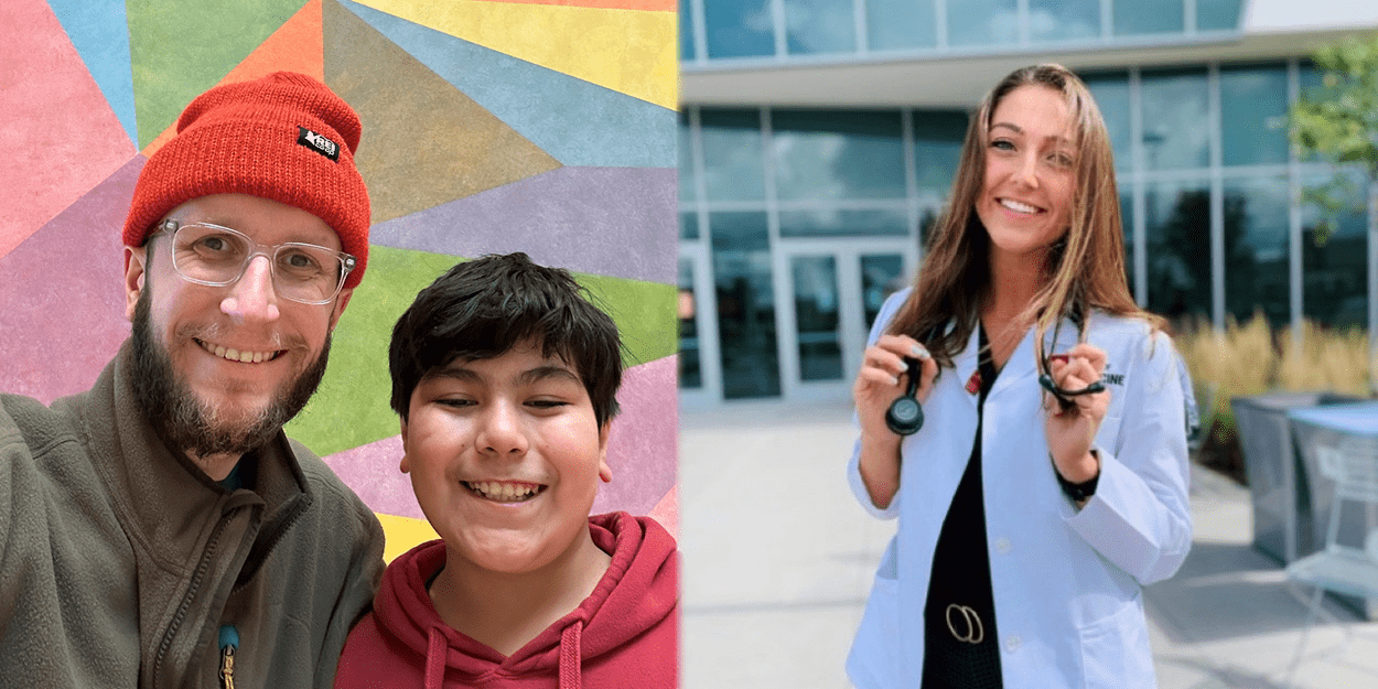 Aaron Webb, MD, and Olivia Carlton, MD, received scholarship support from the INPACT program, paving the way for each to enter primary care. headshot of 3 people
