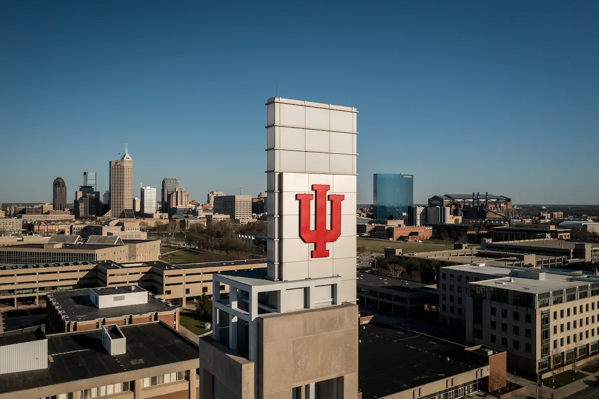Aerial view of IU Indianapolis campus center and city of Indianapolis