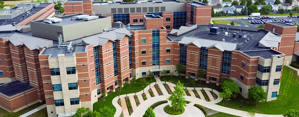 Aerial shot of IU Health West Hospital building.