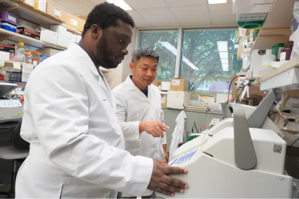 Two researchers work in a lab