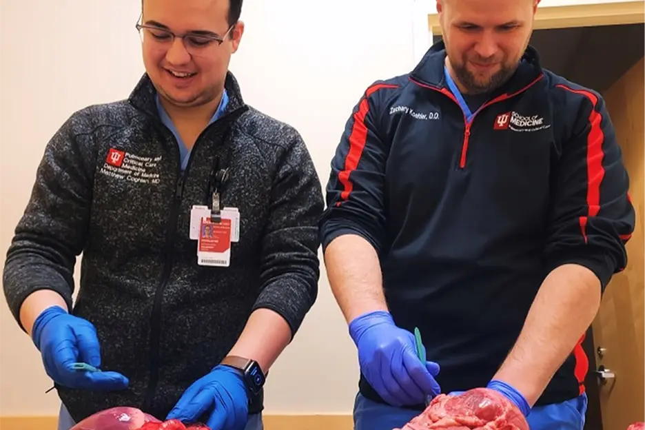 Two healthcare trainees wearing gloves perform a hands-on anatomical training exercise at a table, using surgical instruments to examine organ specimens, with educational name badges and medical apparel visible in a clinical lab setting.