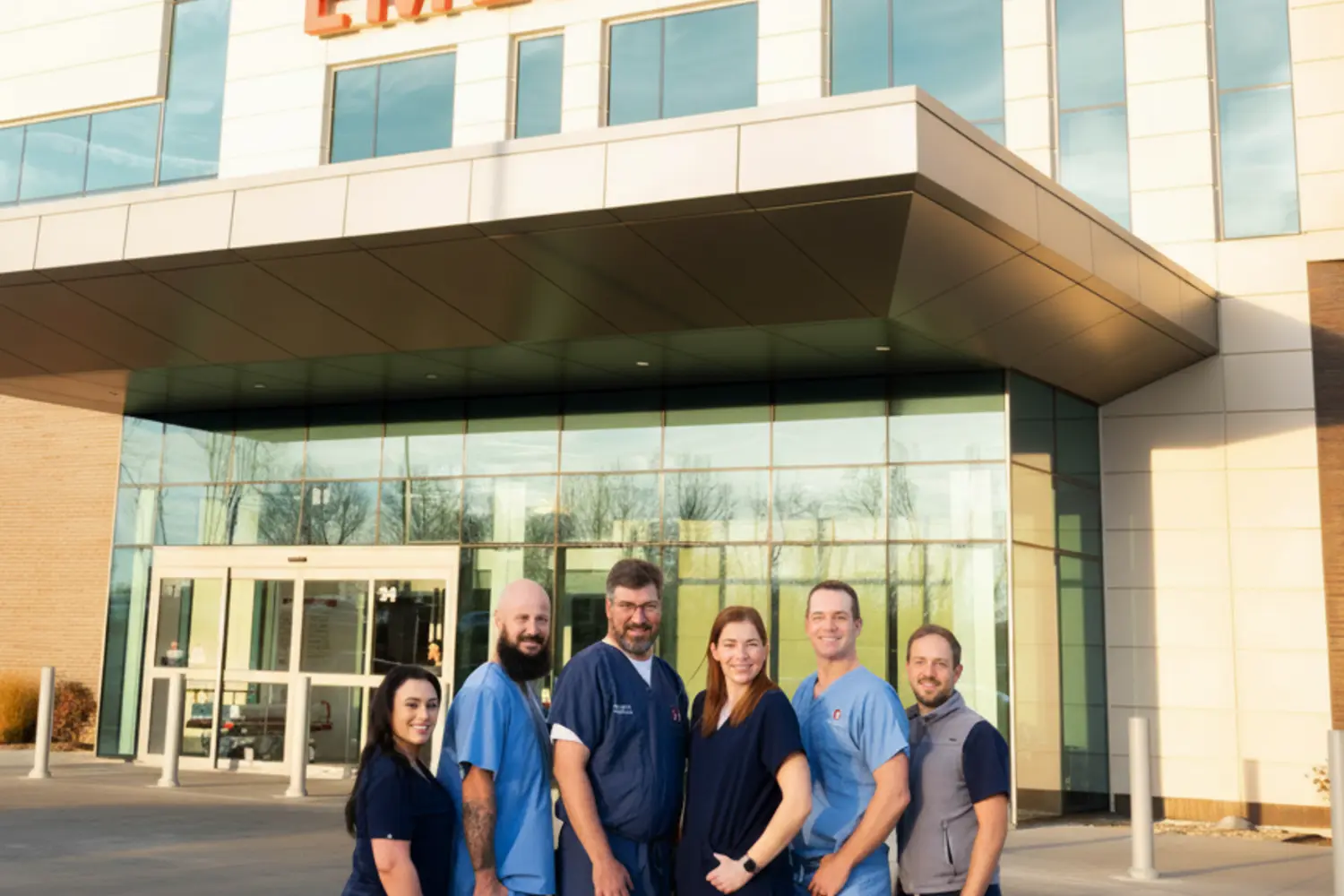 Six doctors standing in front of the Emergency Department doors 