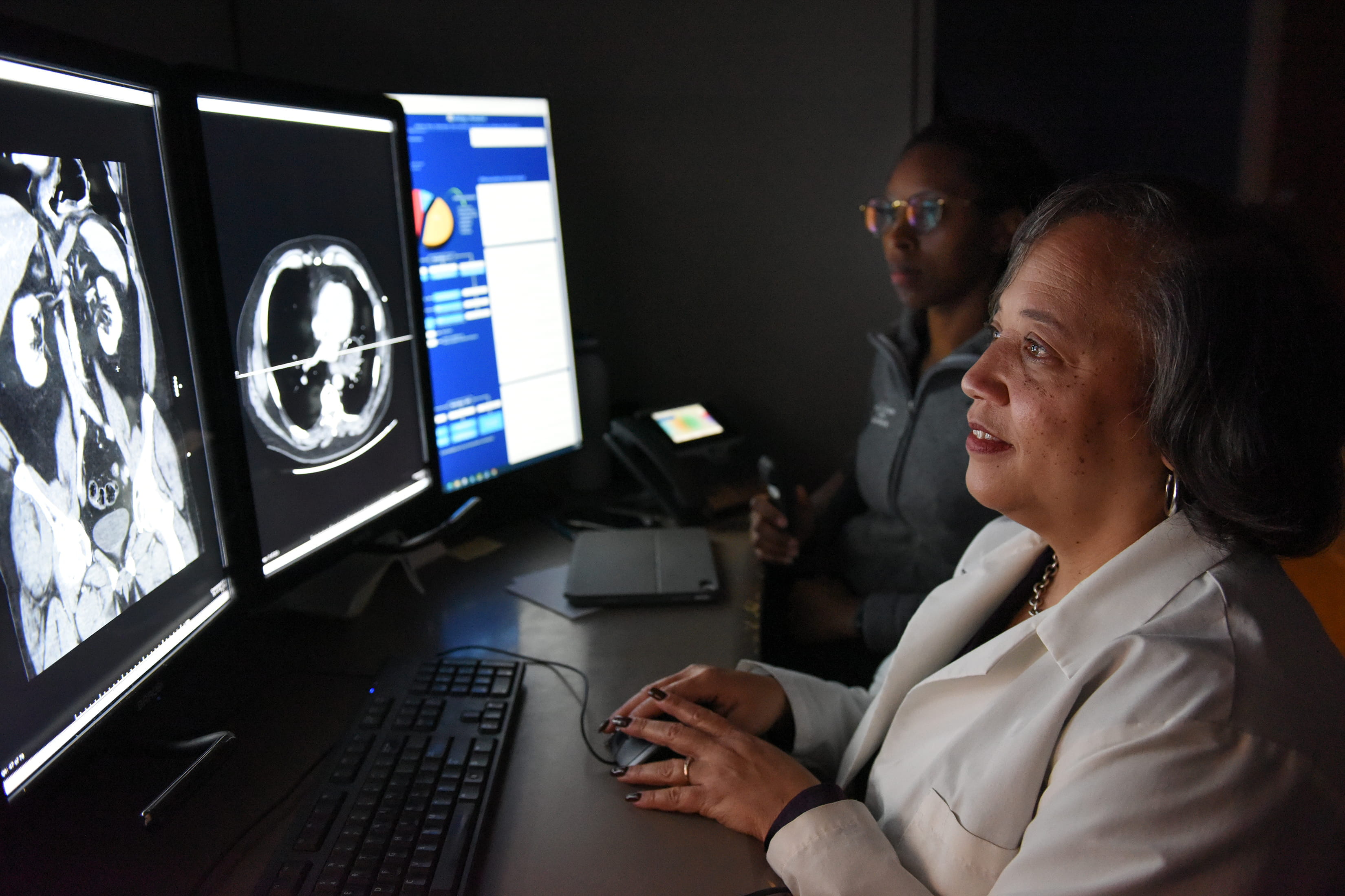 Individual looking at scans on a computer screen