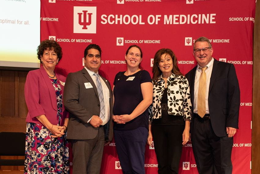 Pictured left to right: Jean Molleston, MD, chapter advisor; Ivan Hadad, MD; Jodie Meara, MD; Amy Han, PhD; Paul Wallach, MD, Executive Associate Dean for Educational Affairs. Pictured left to right: Jean Molleston, MD, chapter advisor; Ivan Hadad, MD; Jodie Meara, MD; Amy Han, PhD; Paul Wallach, MD, Executive Associate Dean for Educational Affairs.