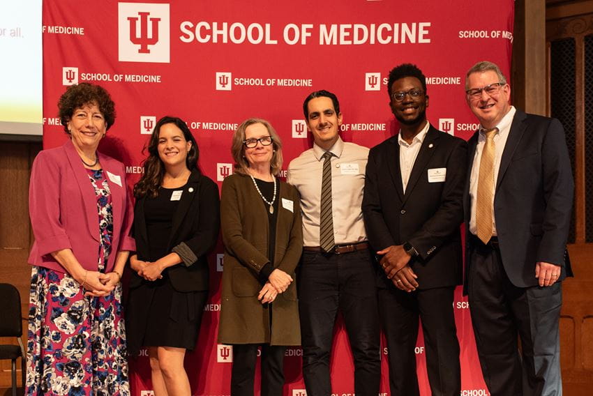 Pictured left to right: Jean Molleston, MD, chapter advisor; Shaney Pena, MD; Michele Howenstine, MD, Senior Associate Dean for Graduate Medical Education and Continuing Education; Fares Elgendy, MD; Chiamara Anokwute, MD. Pictured left to right: Jean Molleston, MD, chapter advisor; Shaney Pena, MD; Michele Howenstine, MD, Senior Associate Dean for Graduate Medical Education and Continuing Education; Fares Elgendy, MD; Chiamara Anokwute, MD.