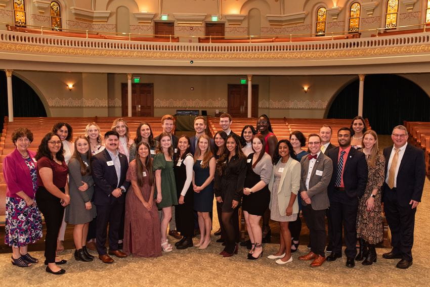Front row left to right: Jean Molleston, MD (Chapter Advisor), Aish Thamba, Emily Barron, Genaro DeLeon, Angela Johnson, Kaitlin Wendel, Molly Frank, Adaline Heitz, Sophie Pardo, Abhipri Mishra, Sierra Froehlich, Tanvi, Asthana, Hendrik Greve, PhD, Asif Hossain, Maggie Holohan, Paul Wallach, MD (Executive Associate Dean for Educational Affairs). Second row left to right: Ana Feliciano, Natalie Cox, Madelynne Wright, Juliet Hardesty, David Kronenberger, Samuel Zike, Joey Ballard, Meera Patel, Ife Bolujo, Hannah Kline, PhD, Austin Natalie, Antonia Bartlett. Front row left to right: Jean Molleston, MD (Chapter Advisor), Aish Thamba, Emily Barron, Genaro DeLeon, Angela Johnson, Kaitlin Wendel, Molly Frank, Adaline Heitz, Sophie Pardo, Abhipri Mishra, Sierra Froehlich, Tanvi, Asthana, Hendrik Greve, PhD, Asif Hossain, Maggie Holohan, Paul Wallach, MD (Executive Associate Dean for Educational Affairs). Second row left to right: Ana Feliciano, Natalie Cox, Madelynne Wright, Juliet Hardesty, David Kronenberger, Samuel Zike, Joey Ballard, Meera Patel, Ife Bolujo, Hannah Kline, PhD, Austin Natalie, Antonia Bartlett.
