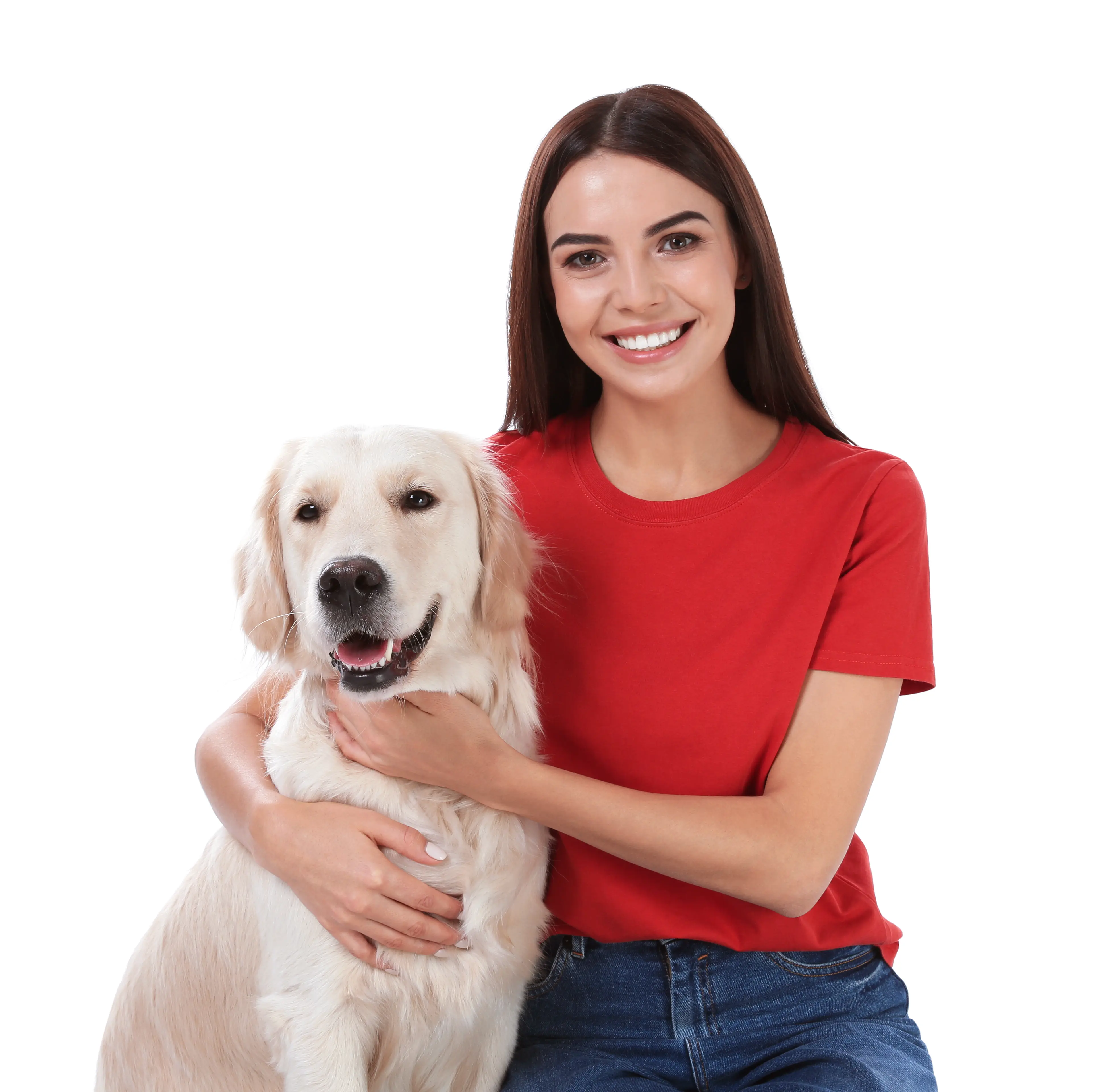 an image of young woman and her Golden Retriever dog on white background